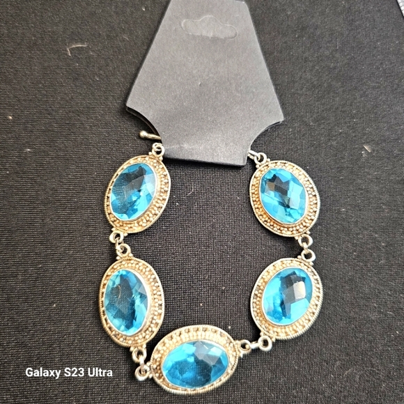 Oval Blue Topaz Cut Stones & Silver Bracelet With Adjustable 'S' Clasp  Size 7.5 - Picture 1 of 6